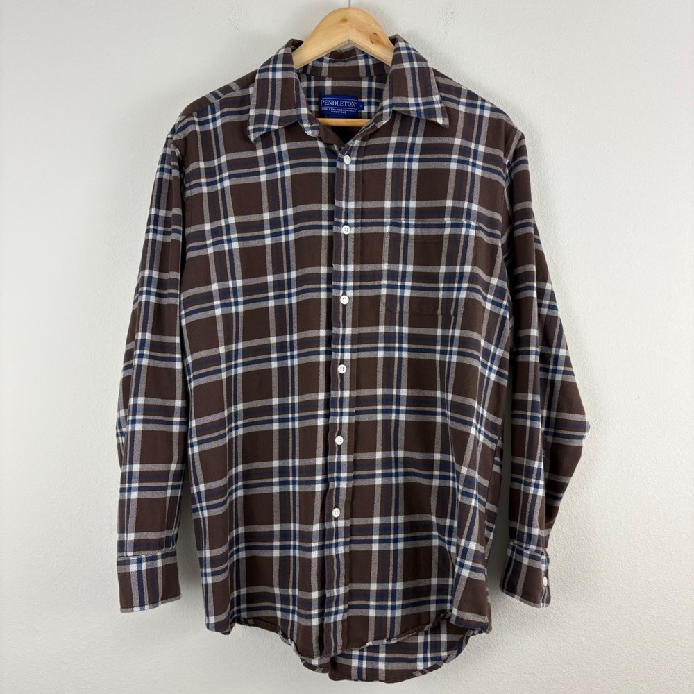 Pendleton Men's Large Brown Blue Plaid Cotton Button Down Shirt Long Sleeve